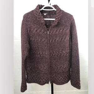 J Jill Cable Knit Zipped Sweater Jacket Burgundy